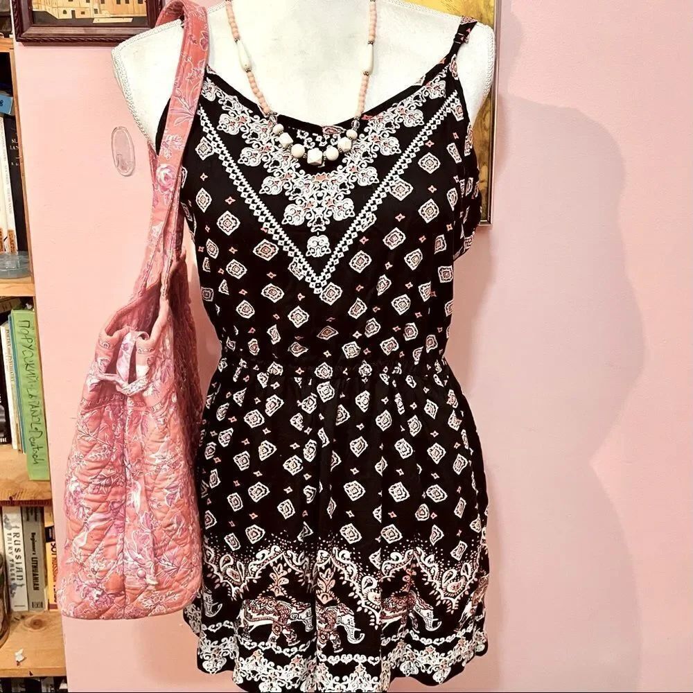AngieĀ BlackāCoral White Elephant Print SpaghettiāStrap Open BackāRomper